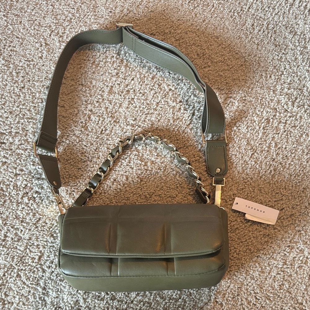 Topshop Olive Quilted Crossbody Bag with Gold Chain Handle